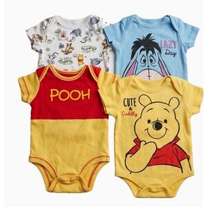 Disney Baby Winnie The Pooh Eeyore Bodysuits 4 Pack Lot NB Newborn Yellow Blue